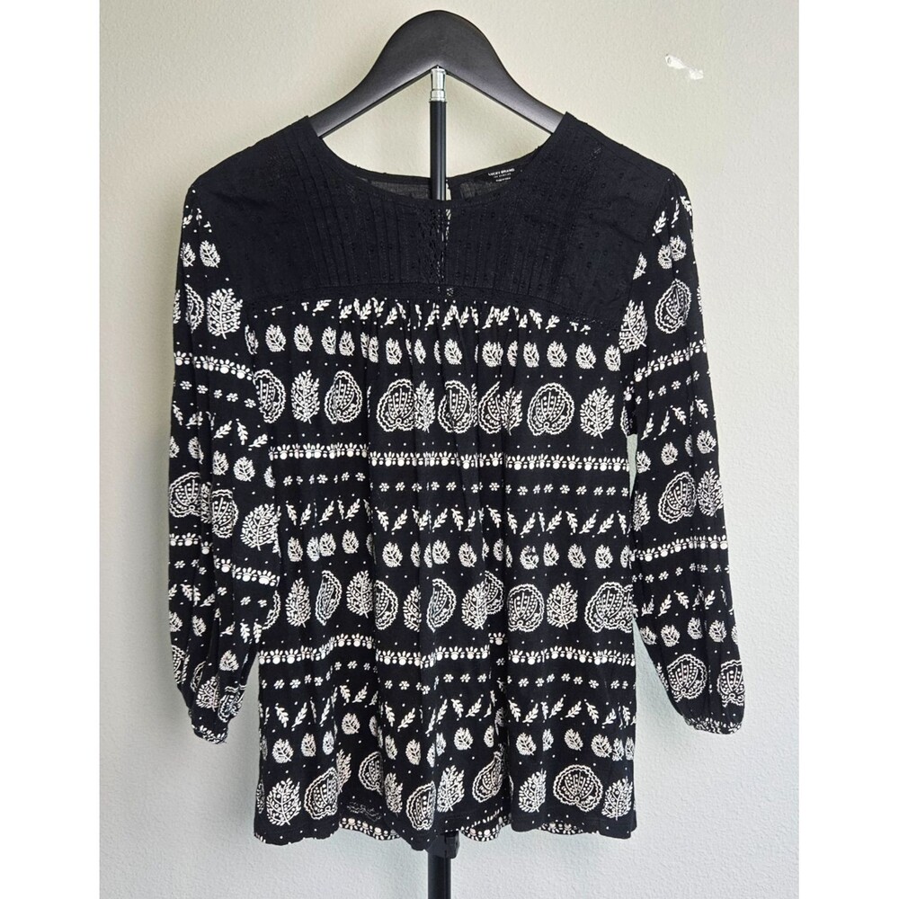 Lucky Brand Boho Peasant Top Womens L‎ Black White Paisley Cotton Chic Casual